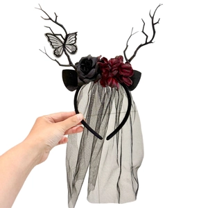Gothic Halloween headband with black antlers, red roses and black veil for cosplay