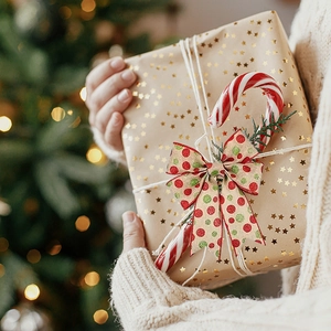 Christmas gift box wrap with red green polka dot ribbon and natural pine branch