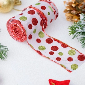 Christmas tree faux linen wire ribbon with festive red and green glitter polka dots