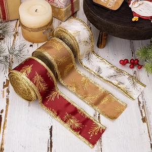 Christmas Glitter Ribbon With Gold Pine Needle Pattern Iron Wired Edge For Festive Gift Wrapping Holiday DIY Decoration