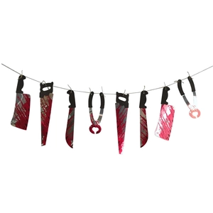 Halloween bloody weapon banner with 8 assorted plastic knives and tools for party decor