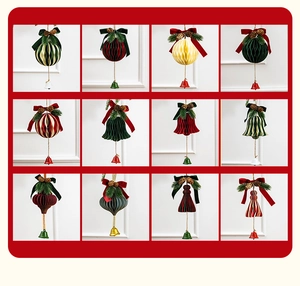 Detailed grid of 12 vintage honeycomb paper Christmas ornaments with bells and bows