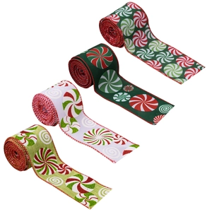 Set mit vier Weihnachts-Stoffbändern mit Zuckerstangen-Druck für Geschenke und Deko