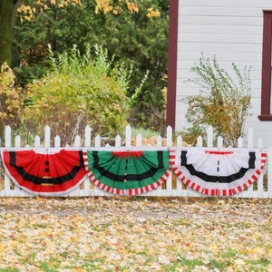 Christmas Pleated Fan Flag Bunting For Outdoor Fence Decor Polyester Santa Elf Plaid Patterned Half Circle Banner With Grommets
