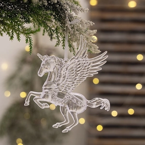 Crystal clear acrylic pegasus Christmas tree hanging ornament with wing details