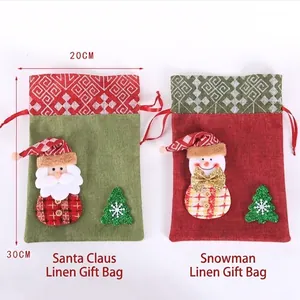 Christmas burlap gift bags 5-piece set with 3D Santa and Snowman drawstring design