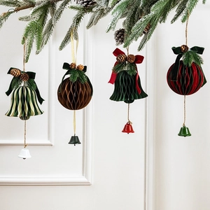 Set of four Christmas honeycomb paper bells and balls with pine cones and velvet bows