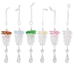 Set of 6 decorative acrylic pinecone ornaments with colorful tops and crystal pendants