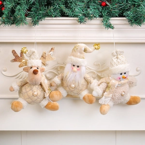 Christmas plush ornaments set featuring Reindeer, Santa and Snowman in cream and gold