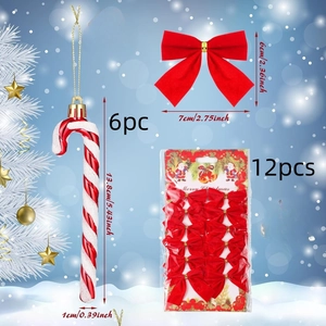 Christmas decoration set with 6 red white candy canes and 12 red ribbon bows for tree hanging
