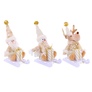 Christmas plush dolls set with Santa, Snowman and Reindeer on white sledges
