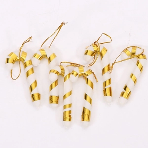 Set of 6 white and gold candy cane ornaments with hanging loops for Christmas trees
