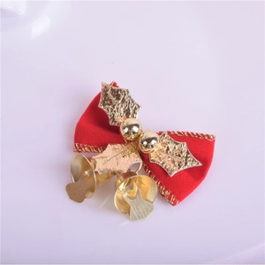 Christmas red velvet bow with golden bells and leaves holiday wreath ornament