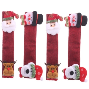 4-piece set of Christmas burlap appliance handle covers with festive plush characters