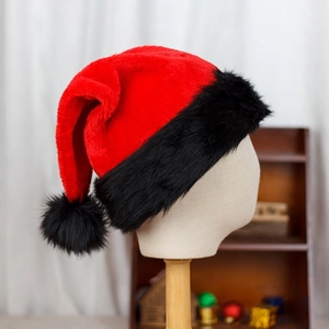 Classic red plush Santa hat with thick black faux fur trim and pompom for Christmas party