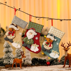 Christmas Stockings Linen Cloth Santa Snowman Reindeer Bear Hanging Ornament Gift Bag Christmas Decorations For Home Xmas Party