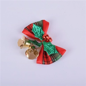 Christmas red plaid ribbon bow with green holly leaves and two golden bells decoration
