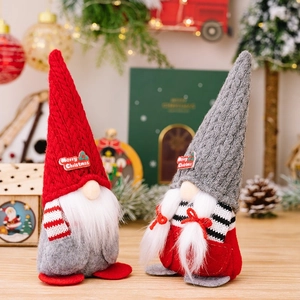 Set of two red and grey Christmas Gnomes with Merry Christmas knit hats and soft long beards