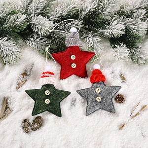 Christmas knitted hat star ornaments in red green and grey for festive tree decoration