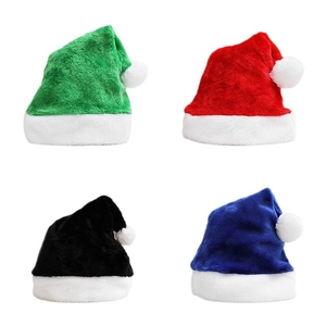 Classic plush Christmas hats in red green black and blue with white faux fur trim and pompom