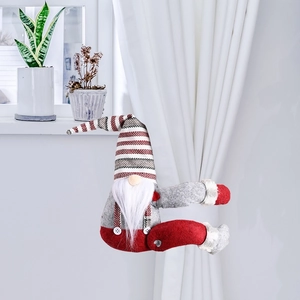 Christmas gnome curtain tieback with red striped hat and soft white beard home decor