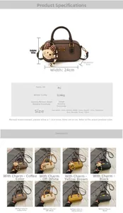 Detail view of Boston bag specifications with dimensions 24x12x8cm and teddy bear charm