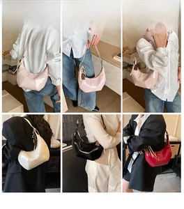 Collage of chic pleated hobo bags in pink, white, black and red shown with fashion models