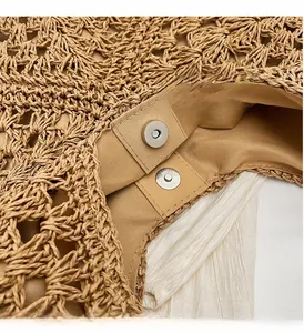 Detail of the magnetic metal clasp and woven hollow pattern on this beach tote bag