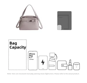 Detailed capacity view of purple textured leather bag showing phone and daily essentials