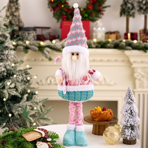 Gnome de Noël télescopique rose et bleu tenant un sucre d'orge rayé décoratif