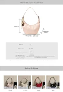 Detailed size chart of crescent crossbody bag with dimensions in centimeters and colors