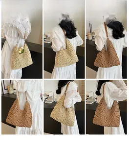 Detailed views of hollow woven beach tote bag with leather straps on models in various poses