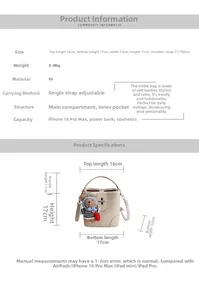 Detailed size specifications and dimensions for the beige PU leather bucket handbag