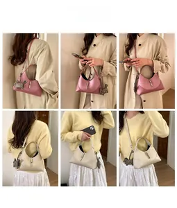 Collage of pink and beige grained leather bags with metal bar buckles and horse charms