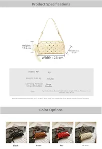 Detailed size specifications for polka dot shoulder bag with 28cm width and 0.32kg weight