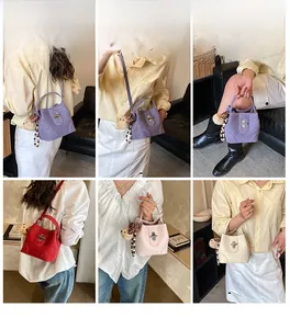 Detailed views of multi-color bucket bags showing crossbody and handbag styles with charms