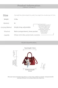 Size chart showing red PU leather bucket bag dimensions with bear charm details