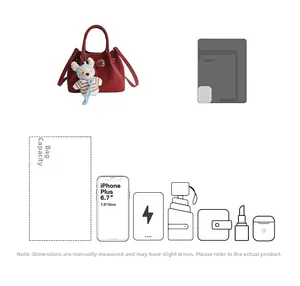 Internal capacity diagram of red pebble leather bucket bag showing items and phone fit