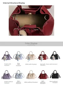 Detailed view of the bucket bag interior and ten color options with bear pendants