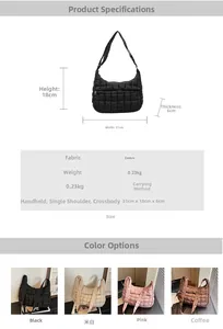 Detailed view of quilted puffer hobo bag showing adjustable strap and four color options