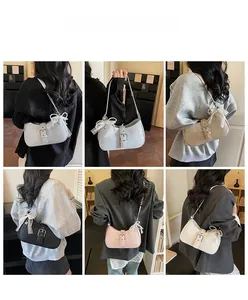 Detailed views of hobo shoulder bag with lace bow charm and pearl accents in various colors
