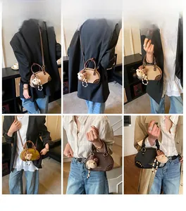 Collage of chic boston bags in four colors with teddy charms and pearl chains