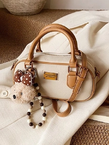Women Vintage Boston Shoulder Bag Minimalist Synthetic Leather Handbag With Plush Bear Pendant Crossbody Travel Bag