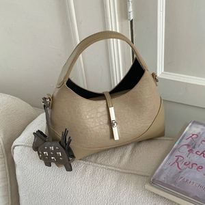 Women's Niche Design PU Leather Hobo Crossbody Bag Half Moon Shoulder Bag With Metal Piston Buckle And Horse Charm Handbag