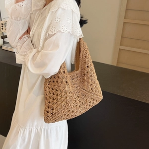 Bohemian hollow out woven straw tote bag for beach vacations and summer daily use