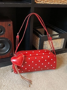 Women Polka Dot Barrel Underarm Bag Vintage Synthetic Leather Shoulder Bag With Heart Charm Tassel Handbag For Daily