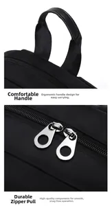 Detail of durable nylon backpack showing reinforced top handle and smooth metal zippers