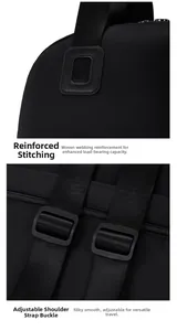 Detail of reinforced stitching and adjustable shoulder strap buckles on black travel bag