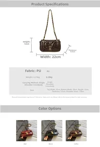Detailed size specifications for the quilted PU leather chain bag in multiple colors