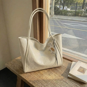 Large capacity off-white tote bag with glossy pleated texture and a horse charm
